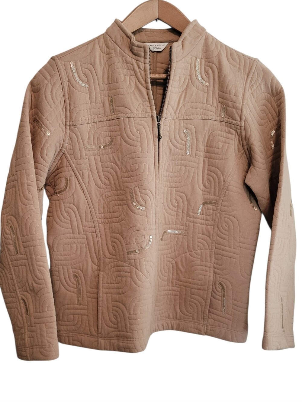 Vintage Laura Ashley Tan Quilted zip up Jacket Subtle Sequins size medium